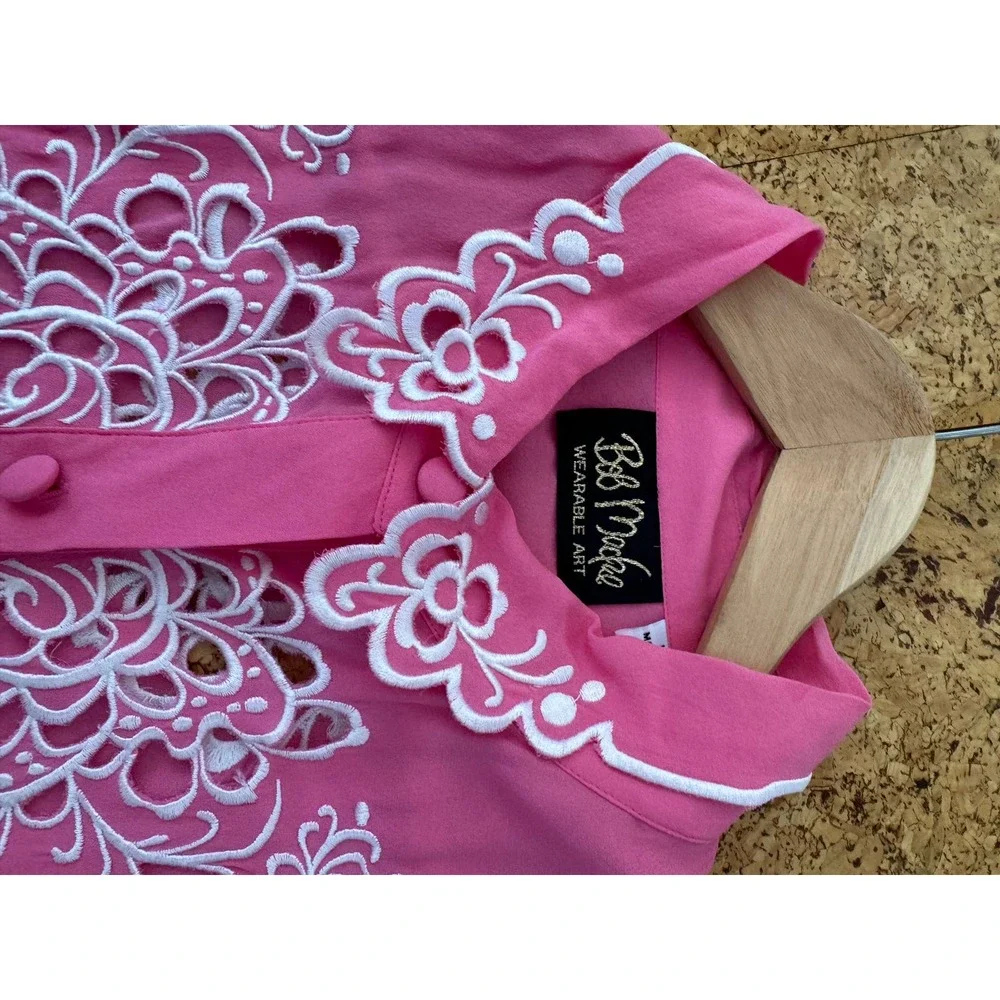Bob Mackie Wearable Art VINTAGE 90s button down bubblegum 100% silk embroidery L - Picture 14 of 14